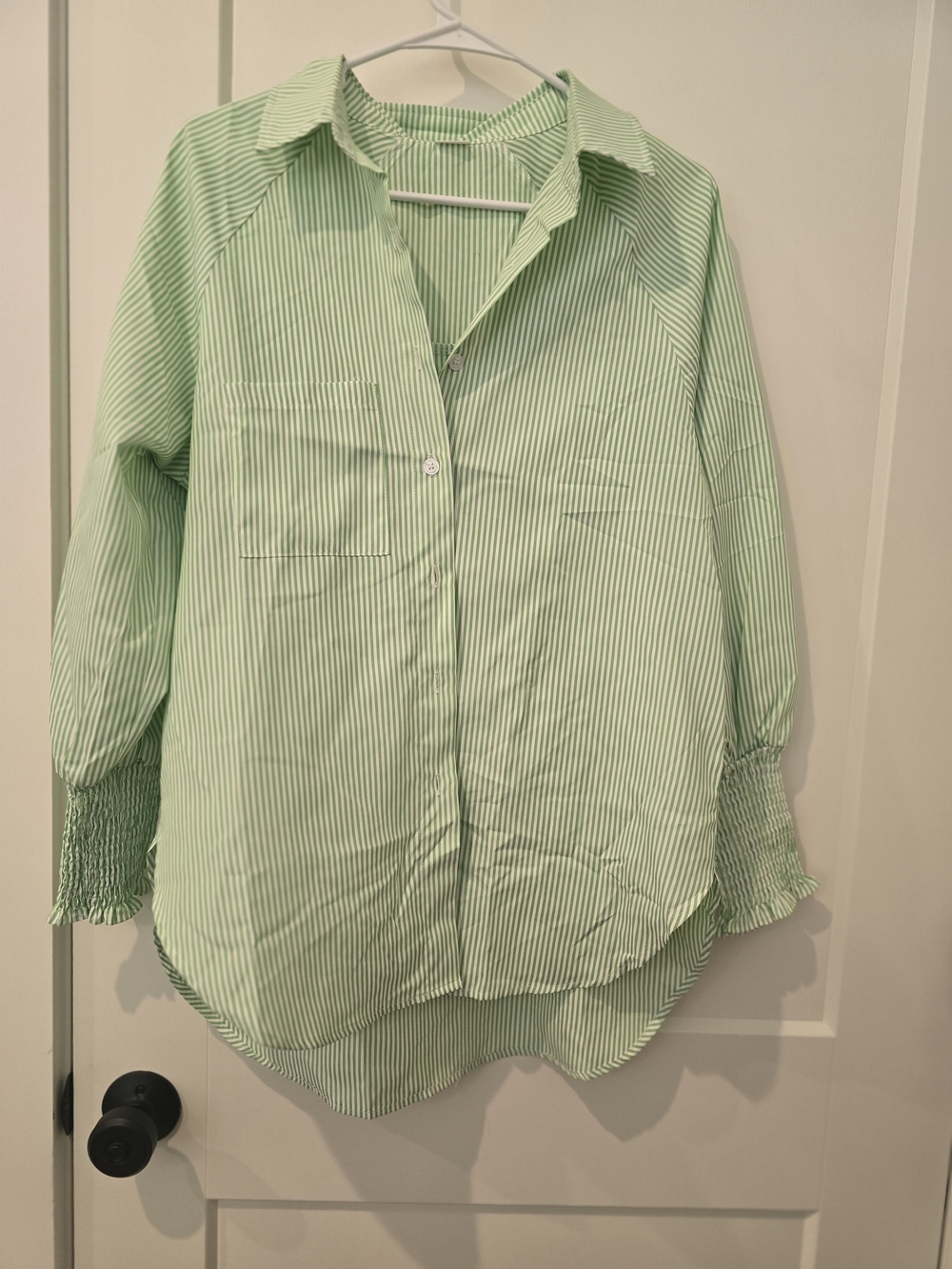 Light Green Striped Button-Up Blouse